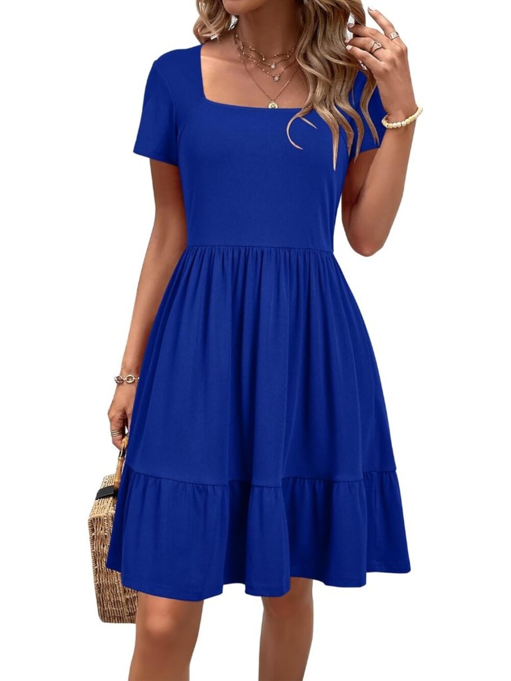 Women's Royal Blue Short Sleeve Square Neck Casual Beach Vacation Mini Dress